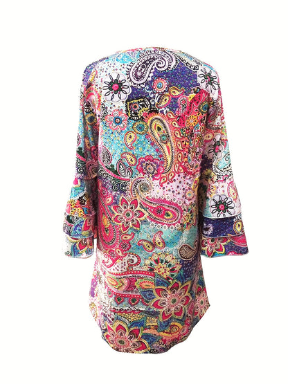 Women's Bohemian Dress - V-Neck - Bell Sleeve - Flowy Lightweight Casual Wear