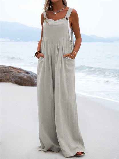 Women's Wide-Leg Jumpsuit - Breathable Fabric - Relaxed Fit - Button Straps & Pockets