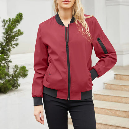 Women's Bomber Jacket - Zip Closure - Ribbed Cuffs & Hem - Casual Lightweight Fit