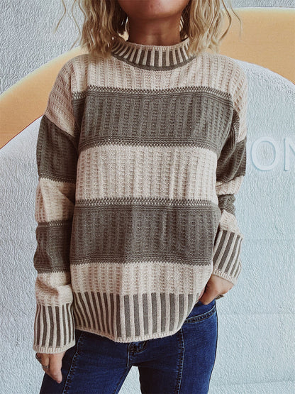Women's Knitted Sweater - Striped Pattern - Crew Neck - Long Sleeve Relaxed Fit