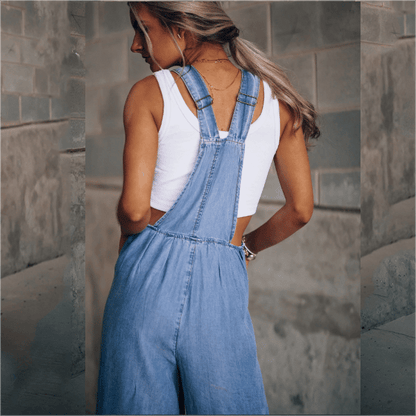 Women's Denim Overalls - Wide Leg - Adjustable Straps - Relaxed Fit Casual Wear