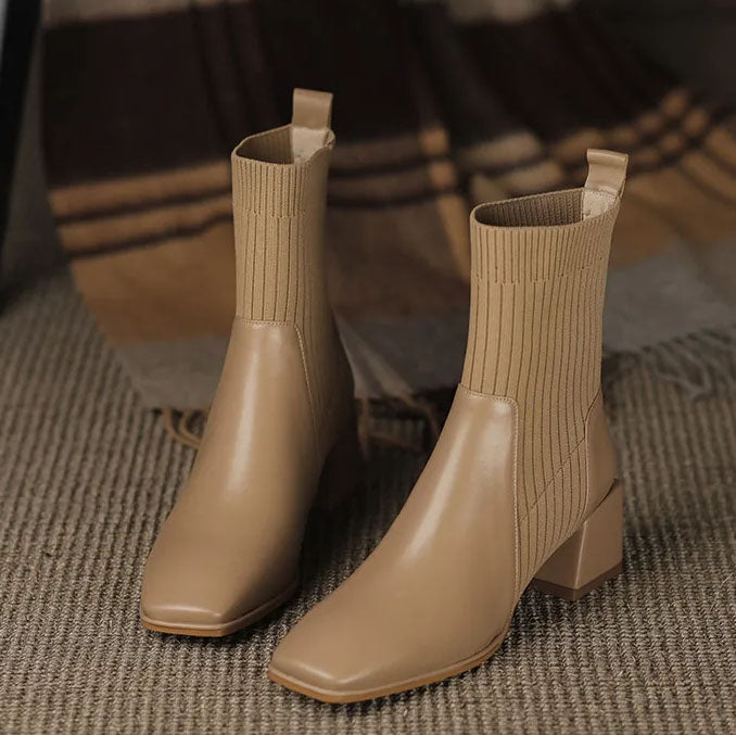 Women's square toe martin boots with elastic knitted socks