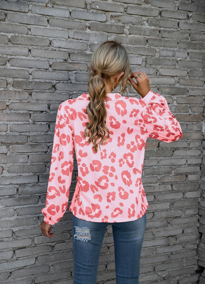 Women's Blouse - V-Neck Button Down - Long Sleeve Relaxed Fit - Animal Print