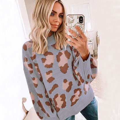 Women’s Sweater – Oversized Fit – Wool Blend Knit – Long Sleeve Leopard Print – Crew Neck