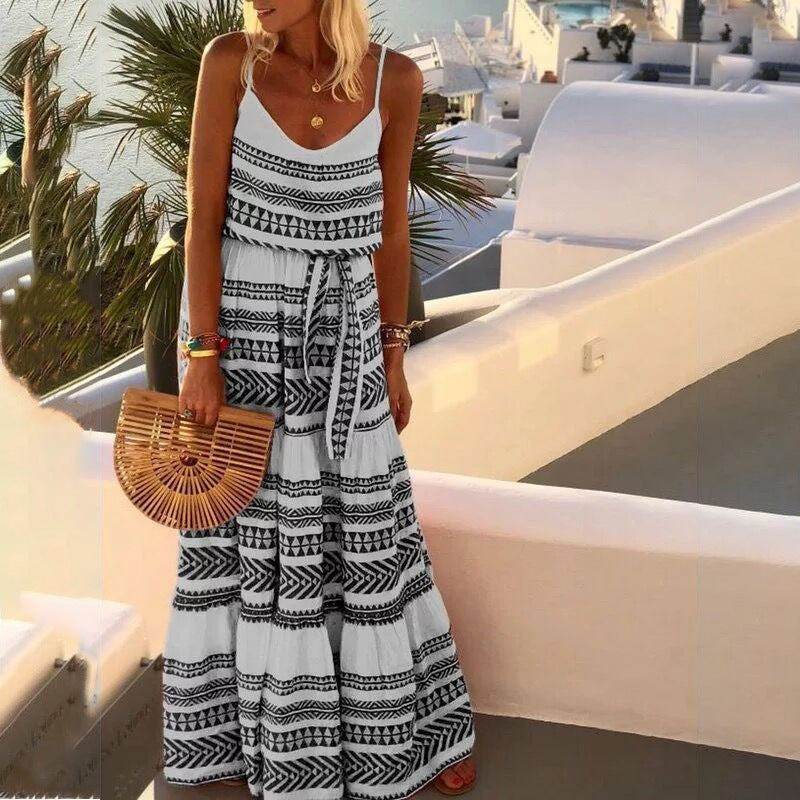 Flowy Bohemian Print Spaghetti Strap Maxi Dress