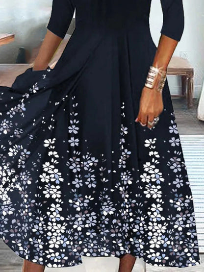 Women's Midi Dress - Scalloped V-Neck - Three-Quarter Sleeve - A-Line Floral Print