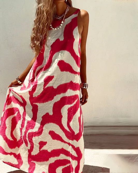 Flowing Abstract Print Sleeveless Maxi Dress