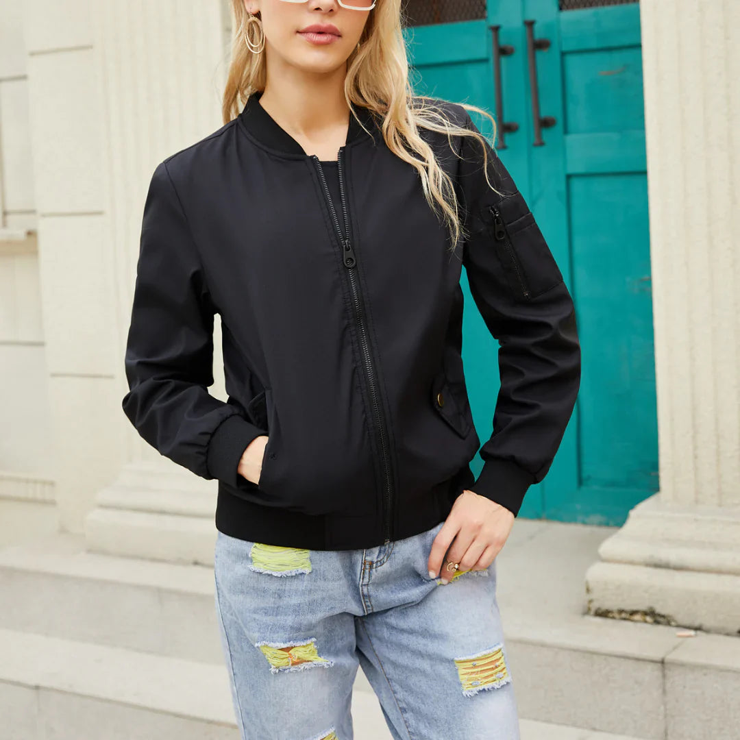 Casual bomber jacket for women with zip closure and front pocket