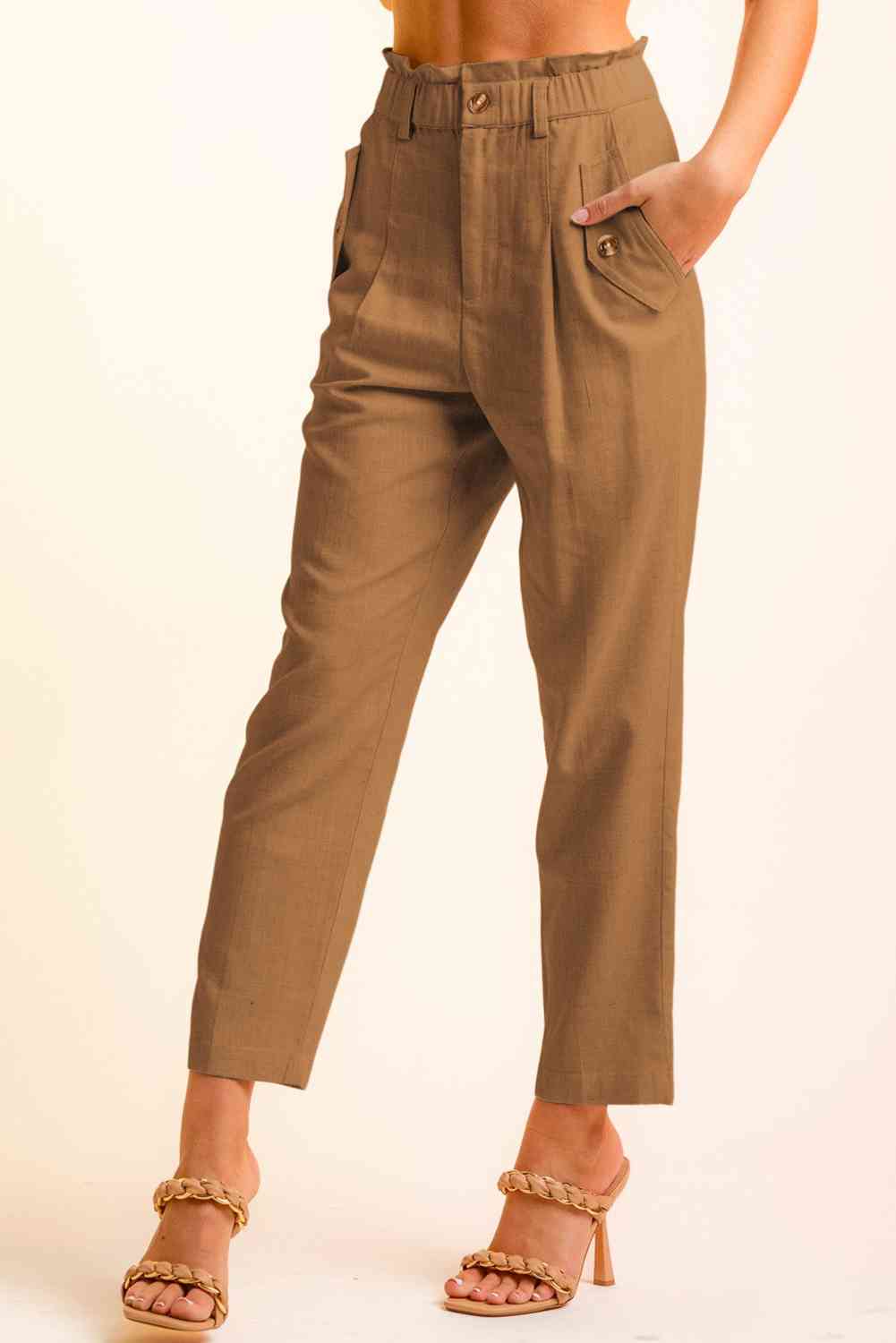 Women’s Cropped Pants – High Waist Paperbag Style – Button Detail – Tapered Fit Casual Wear