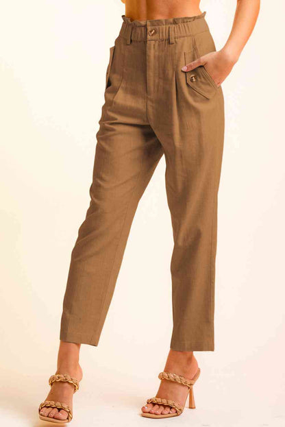Women’s Cropped Pants – High Waist Paperbag Style – Button Detail – Tapered Fit Casual Wear