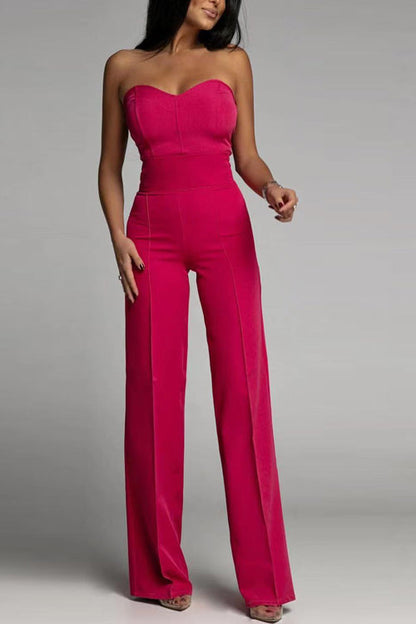 Women’s Strapless Jumpsuit – Fitted Bodice – High Waist – Flared Leg – Formal Fit
