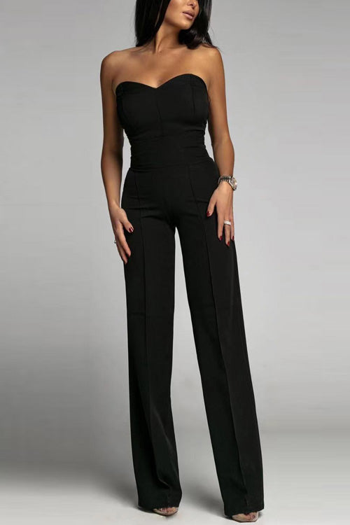 Women’s Strapless Jumpsuit – Fitted Bodice – High Waist – Flared Leg – Formal Fit
