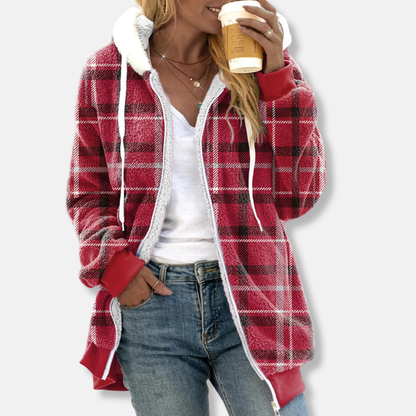 Isla Fleece Hooded Jacket | Relaxed Fit Check Print Tunic Length Jacket