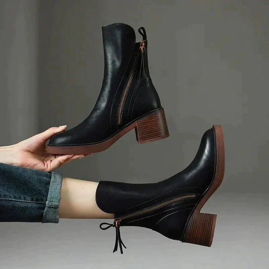 Thick Heel Leather Short Boots