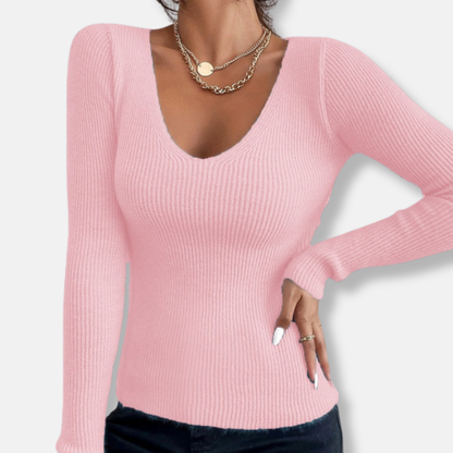 Women’s Top - Knit - Slim Fit - Long Sleeve - Deep V-Neck