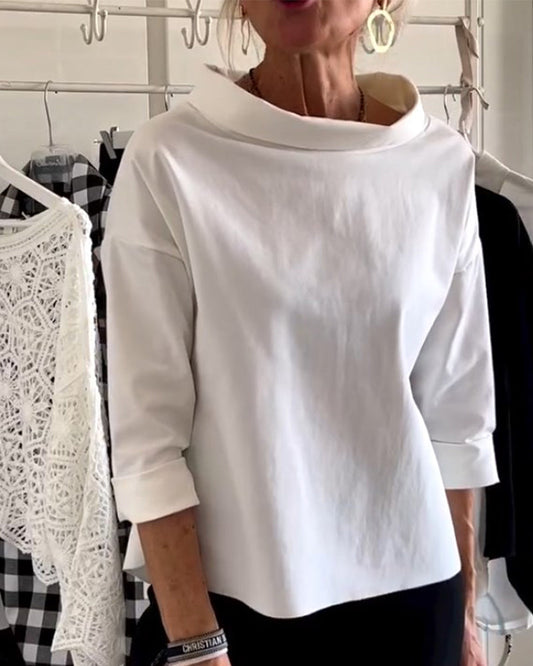 High-Neck Solid Color Long Sleeve Top