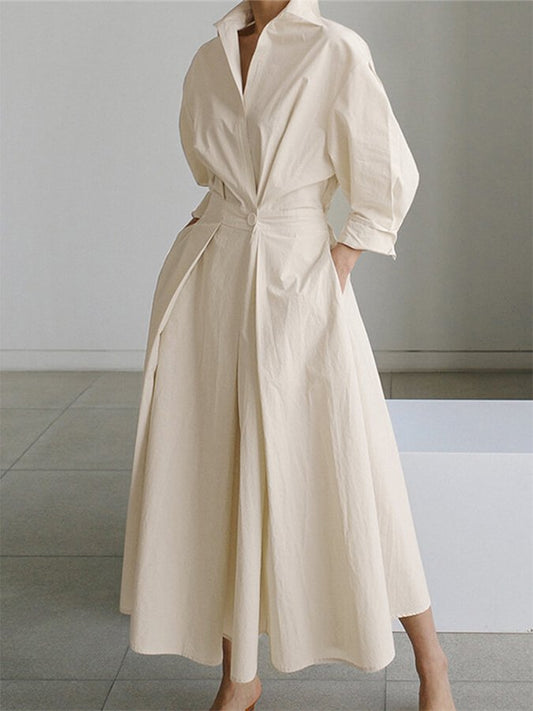 Women's Maxi Dress - A-Line Silhouette - Long Puff Sleeves - Buttoned Waist