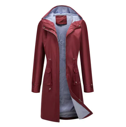 Women’s Long Hooded Jacket – Water-Resistant – Tailored Fit – Zip Front – Adjustable Waist