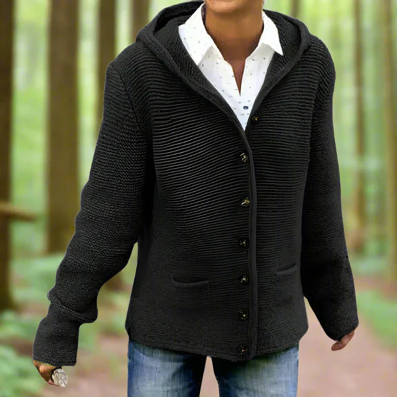 Relaxed Fit Hooded Knit Button Front Cardigan 