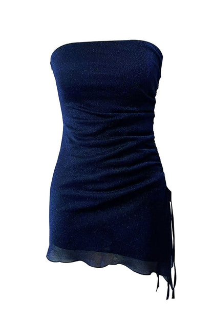 Women's Asymmetric Mini Dress - One Shoulder - Ruched Side - Sparkly Party Wear