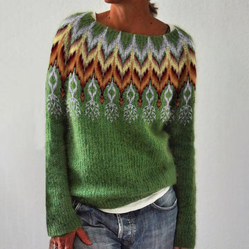 Women's boho-inspired cozy knit sweater with colorful pattern