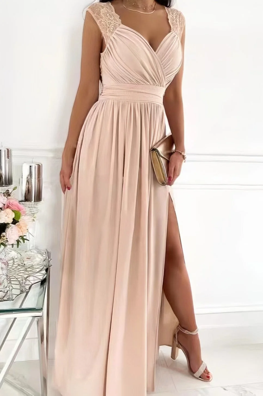 Women’s Evening Gown - Sleeveless V-Neck - Lace Shoulder Accents - High Slit Elegant Fit