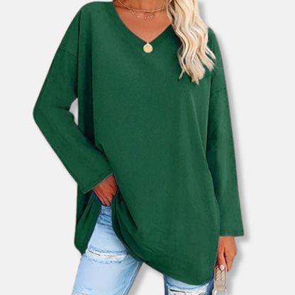 Florence Cotton Oversized V-Neck Tunic Top | Side Slits Curved Hem Tunic Top