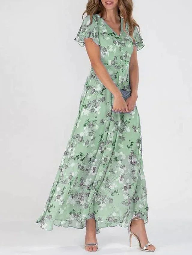 Floral Print Flowy V-Neck Maxi Dress
