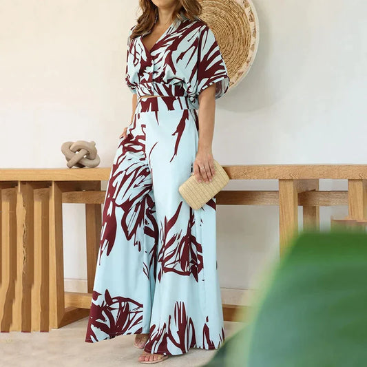 Print High-Waist V-Neck Top and Trousers Set