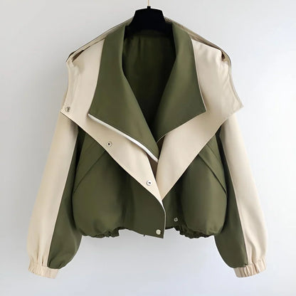 Women’s Short Jacket – Oversized Relaxed Fit – Two-Tone – Blouson Hem – Wide Lapel