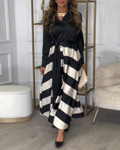 Women’s Maxi Dress - Button-Up Long Sleeve - Striped Flowing Skirt - Belted Waist