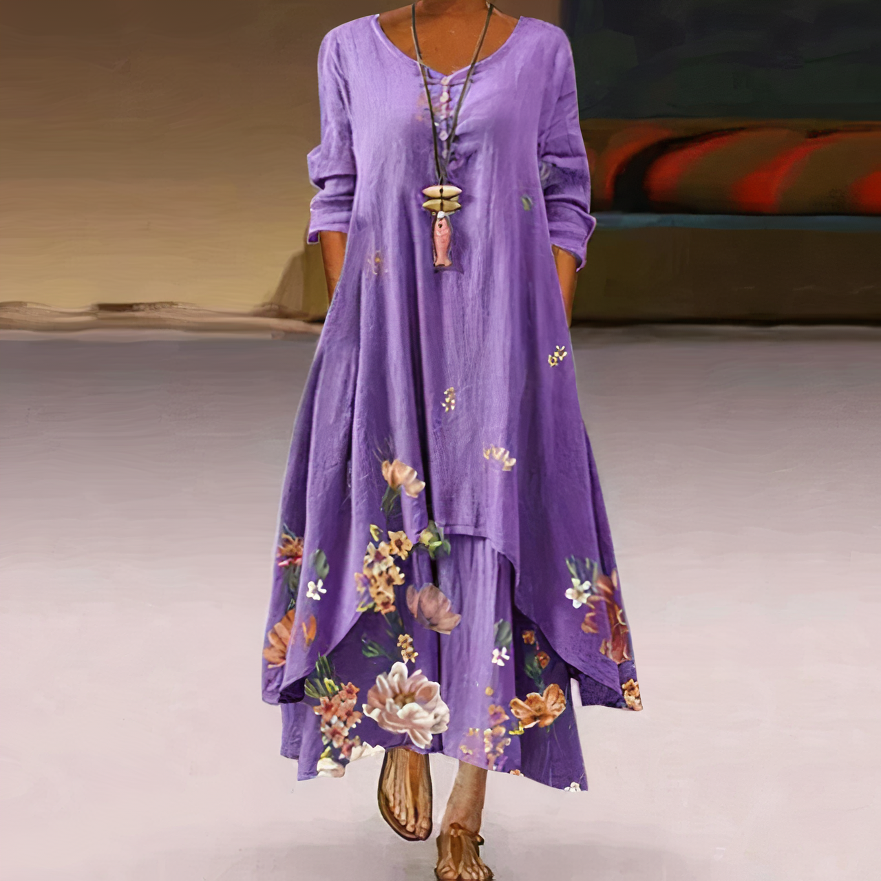 Women's Long-Sleeve Dress - Cotton Blend - Loose Fit - Asymmetrical Hem - Boho Floral
