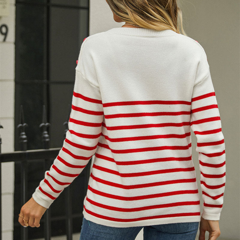 Women's Striped Sweater - Knit Fabric - Crew Neck - Long Sleeve - Button Detail