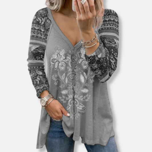 Freya Loose Fit Long Sleeve T-Shirt | V-Neck Button Front T-Shirt