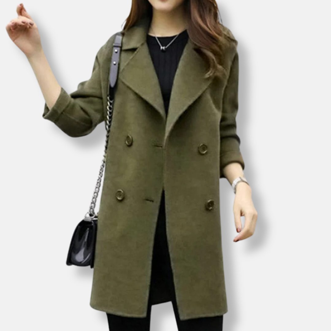 Women’s Coat - Wool - Double Breasted - Notched Lapel - Mid-Thigh Length
