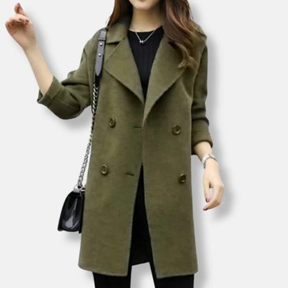 Women’s Coat - Wool - Double Breasted - Notched Lapel - Mid-Thigh Length