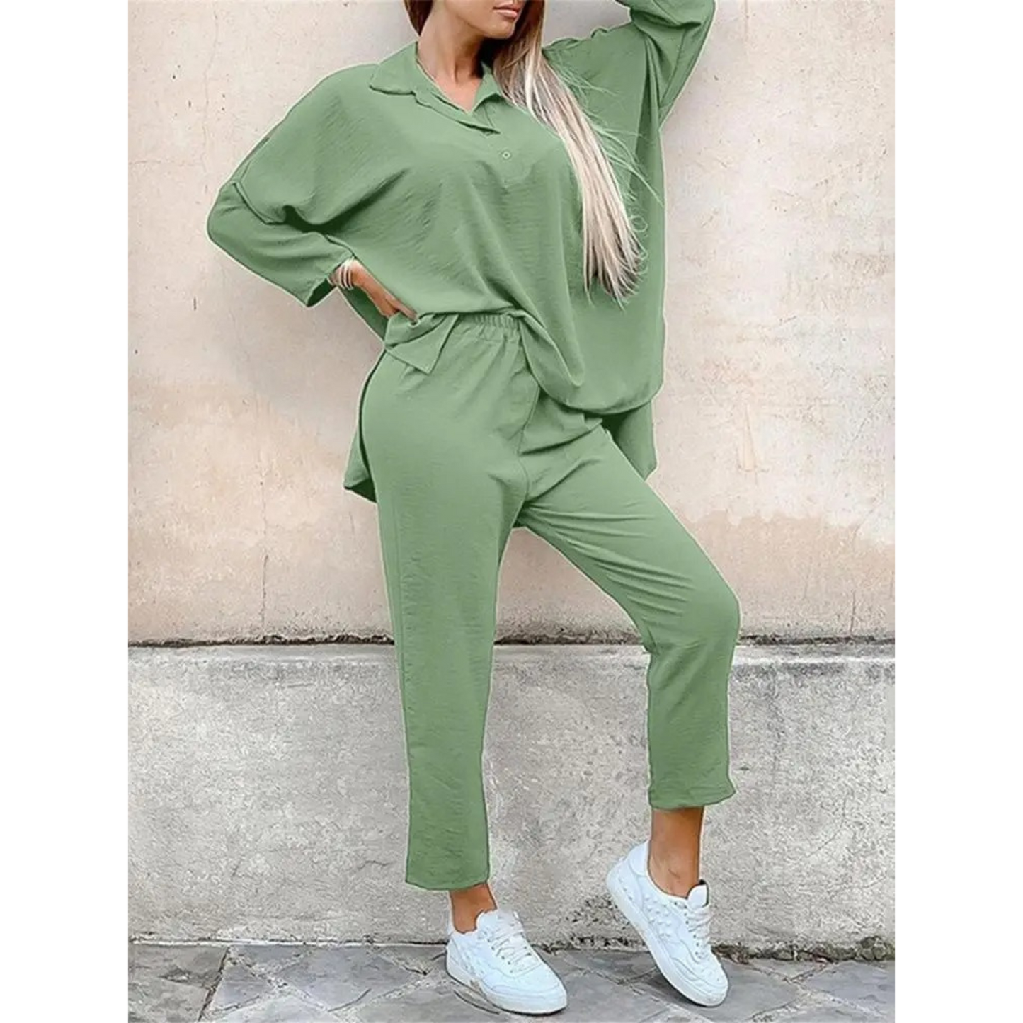 Women's Two-Piece Loungewear Set - Button-Up Oversized Top - Elastic Waist Straight-Leg Pants