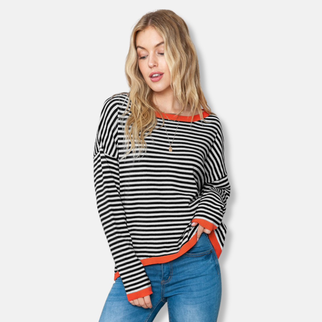 Women’s Sweater – Relaxed Fit – Knitted Pullover – Striped – Drop Shoulder Casual Wear