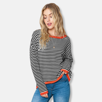 Women’s Sweater – Relaxed Fit – Knitted Pullover – Striped – Drop Shoulder Casual Wear