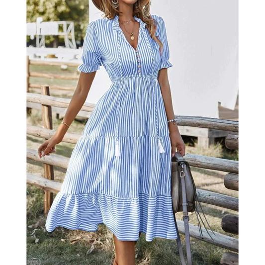 Striped Puff Sleeve Tiered Ruffle Dress
