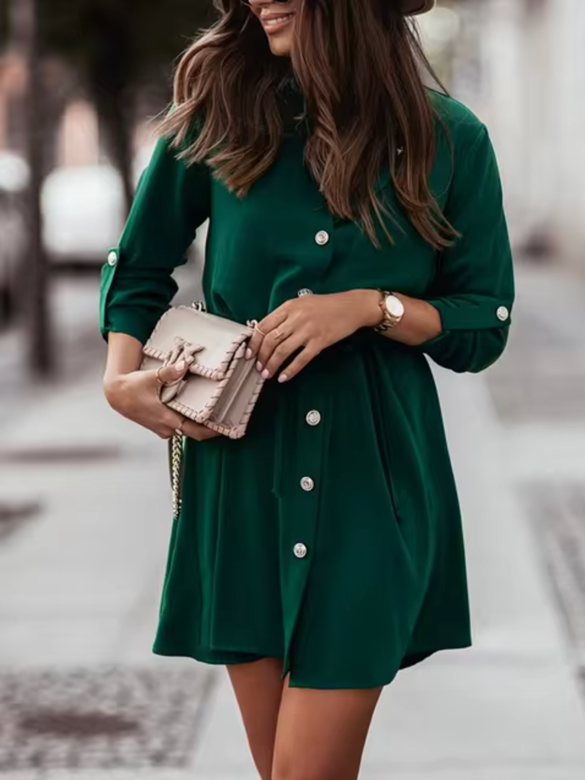 Women's Shirt Dress - Knee-Length - Button-Up Collar - Long Sleeve with Tie Waist