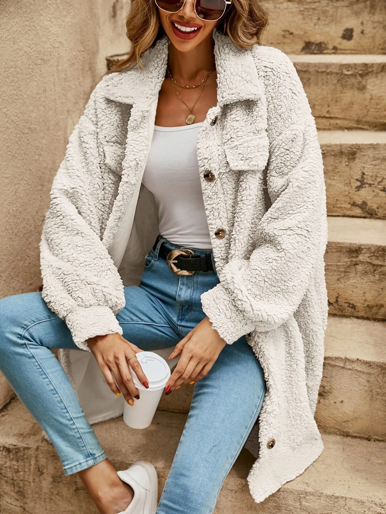 Women’s Teddy Coat - Sherpa Fleece - Oversized Fit - Button Front - Longline Casual Style