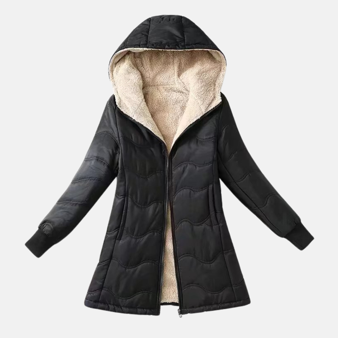 Quilted Sherpa Lined Hooded Mid-Length Coat 