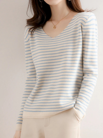 Casual striped women's sweater with v neck