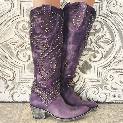 Women's rivet long thick heel boots