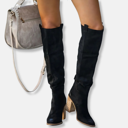 Women’s Knee-High Boots - Suede-Like Textile - Chunky Block Heel - Pointed Toe
