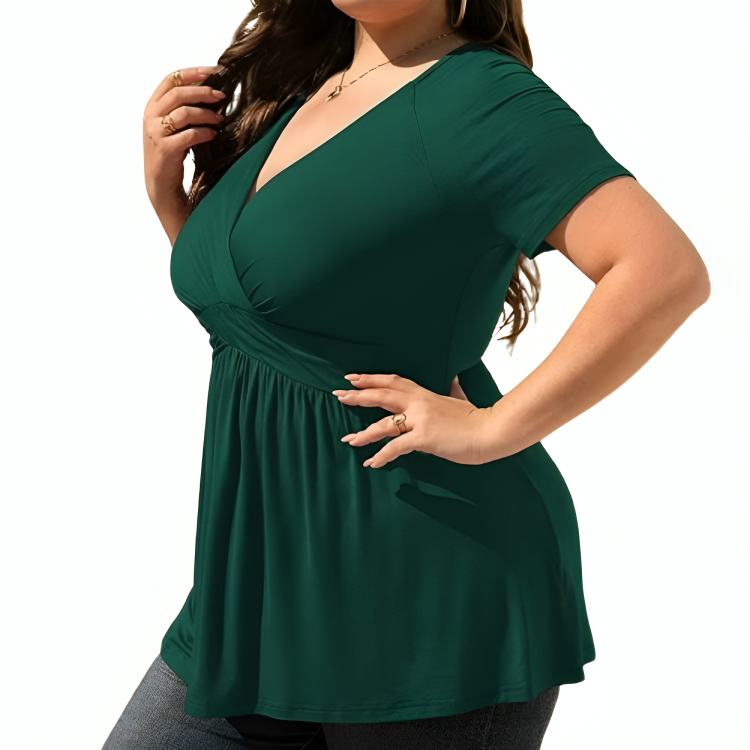 Women's V-Neck Wrap Top - Short Sleeve - Fitted Waist - Flared Peplum Design