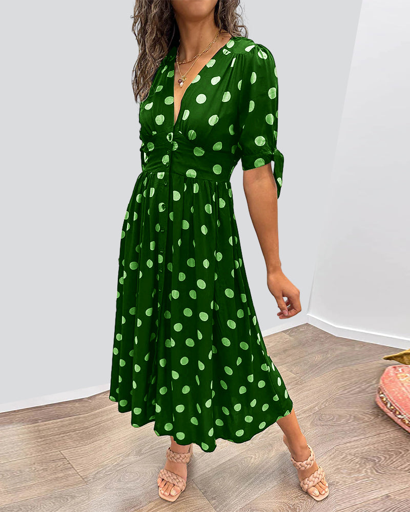 Women's Midi Dress - Fit and Flare - V-Neck - Short Sleeve with Tie Detail - Button Front