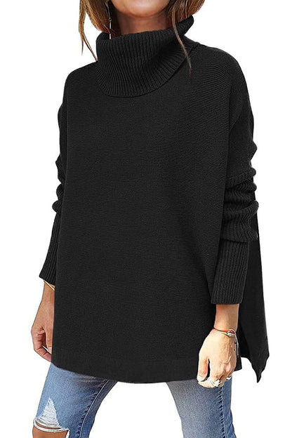 Women's mid-length high neck bat sleeve pullover sweater