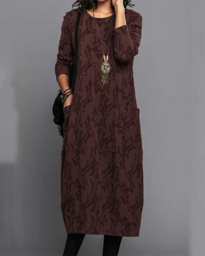 Women's Long-Sleeve Midi Dress - Loose Fit - Round Neck - Casual with Pockets